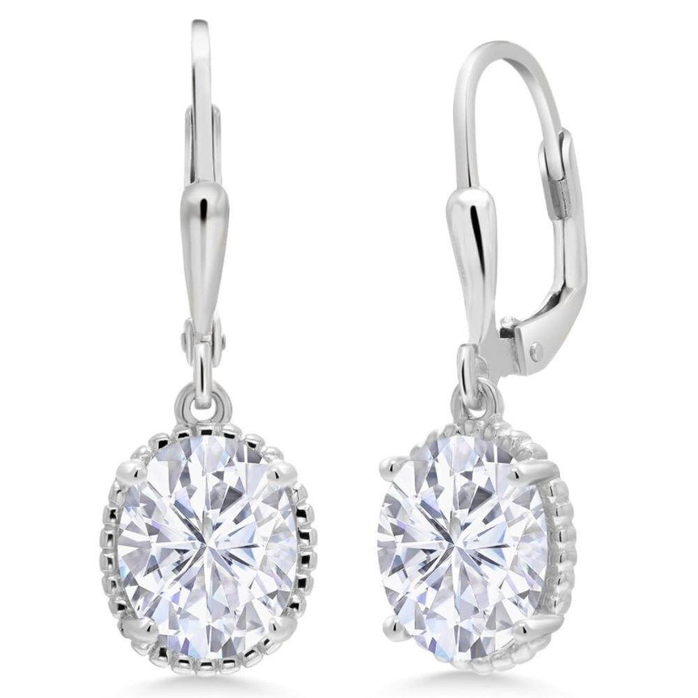 925 Sterling Silver with 4.20 Cttw White Moissanite Oval Leverback Hook Earrings